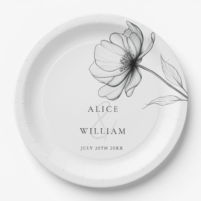 Prato De Papel Casamento com Desenho de Linha Floral Elegante Min (Frente)