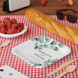 Prato De Papel Casamento com Folhagem de Eucalipto Moderna