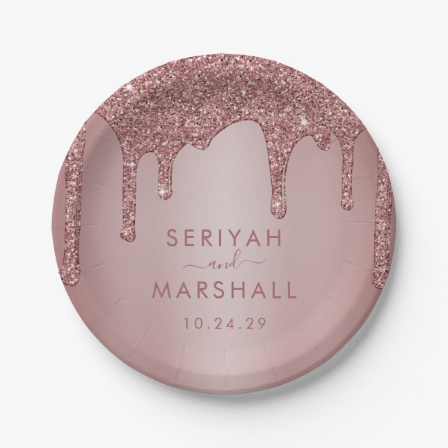 Prato De Papel Casamento com Glitter Glitter Dourado do Rosa de l (Frente)