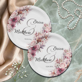 Prato De Papel Casamento com Grafismo Moderno Floral Boho Rosa Em