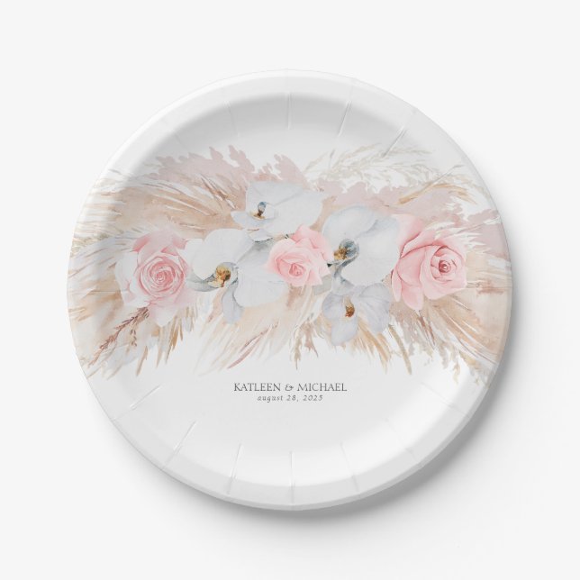 Prato De Papel Casamento com Grama de Pampas de Feathery e Orquíd (Frente)
