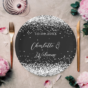 Prato De Papel Casamento com guião preto de prata