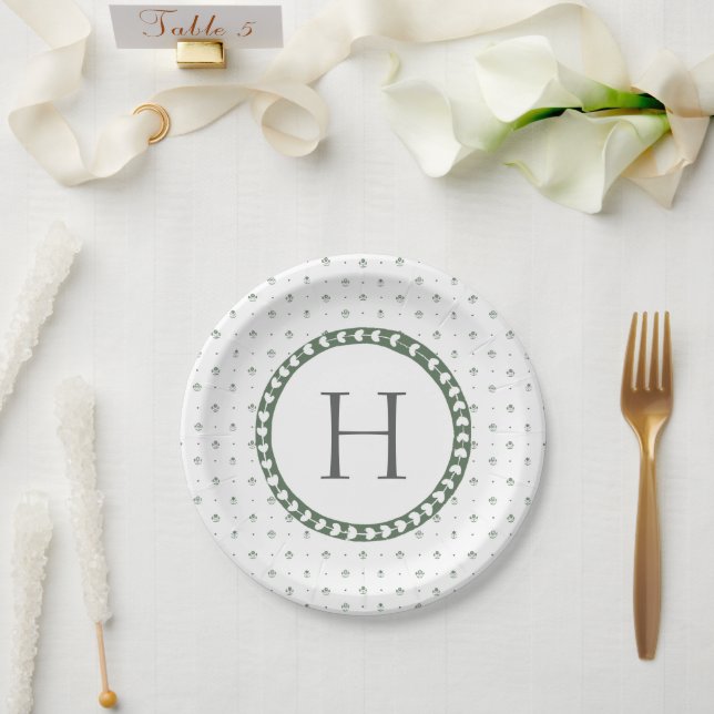 Prato De Papel Casamento com Impressão Botânica Verde e Branco (Casamento)