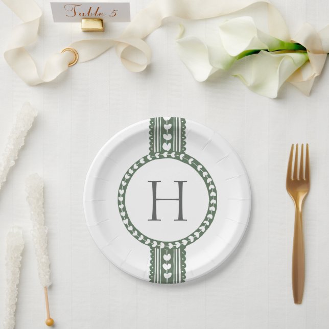 Prato De Papel Casamento com Impressão Botânica Verde e Branco (Casamento)