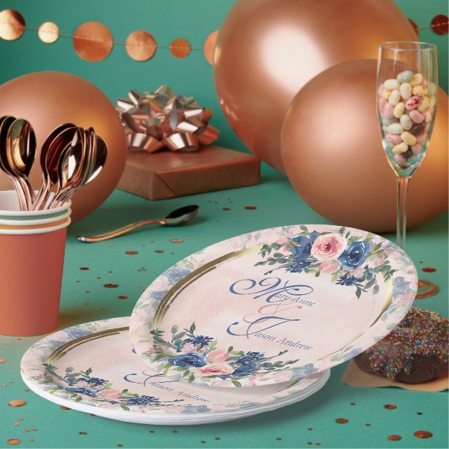 Prato De Papel Casamento com Marinho e Blush de Aquarela (Múltiplo)