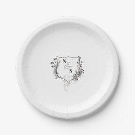 Prato De Papel Casamento com Monograma de Floral Preto e Branco F