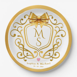 Prato De Papel Casamento com Monograma Vintage Elegante Crista de