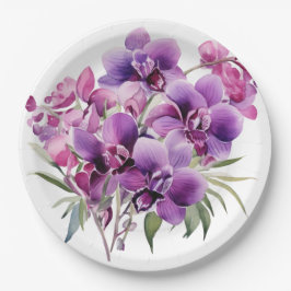 Prato De Papel Casamento com Orquídeas Púrpuras e Brancas