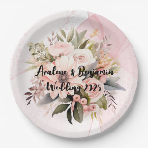 Prato De Papel Casamento com Tinta Floral Clássica Rosa