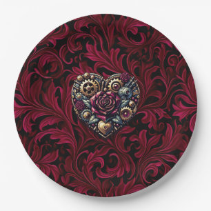 Prato De Papel Casamento Coração Paisley Borgonha Steampunk