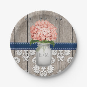Prato De Papel Casamento coral Monogrammed do Hydrangea do