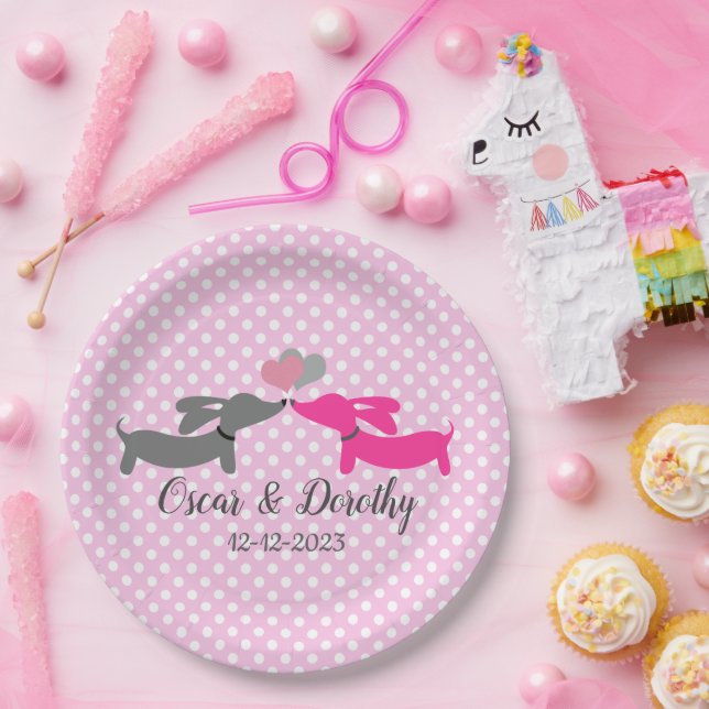 Prato De Papel Casamento Dachshund Personalizar Doxinas Pink Beij (Festa)