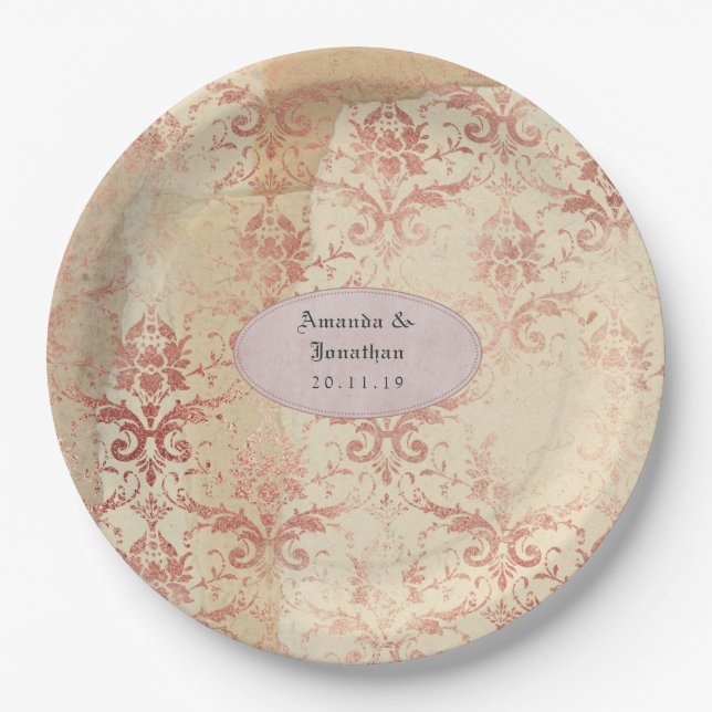 Prato De Papel Casamento Damask Distress Rose Gold (Frente)