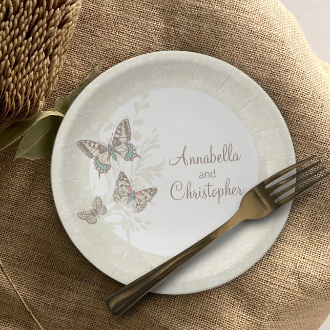 Prato De Papel Casamento de 3 borboletas de tinta - placa de pape (Criador carregado)