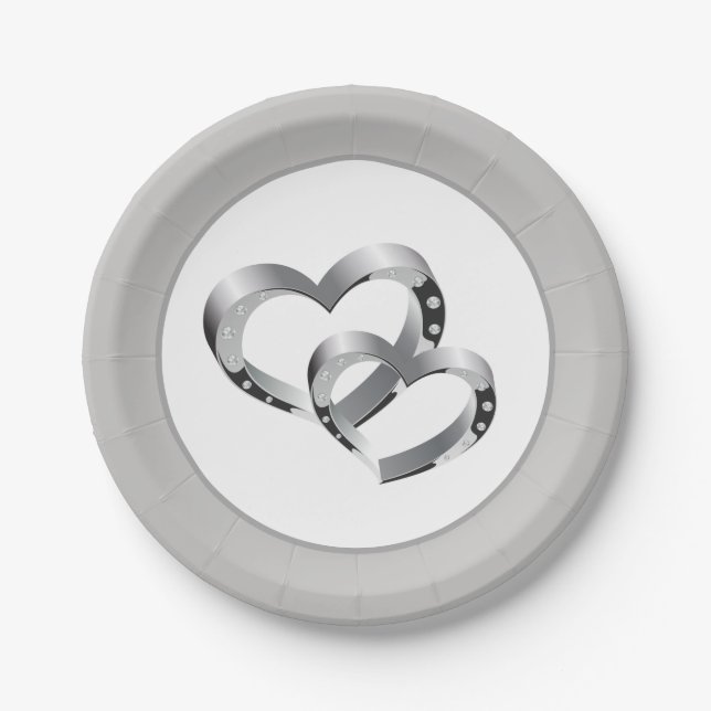 Prato De Papel Casamento de 7" Placas de Papel - Dois Corações (Frente)