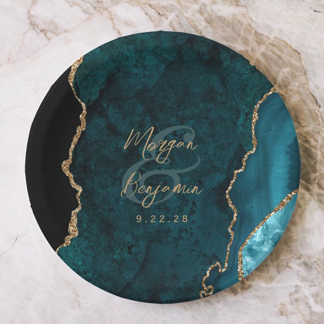 Prato De Papel Casamento de Ágata Azul Teal Dourado Script (Criador carregado)