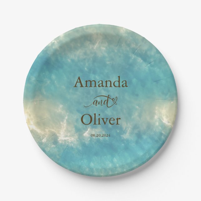 Prato De Papel Casamento de água com Ouro de água costeira e turq (Frente)