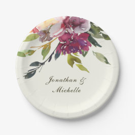 Prato De Papel Casamento de Aquarela Floral Púrpura Rosa Escura