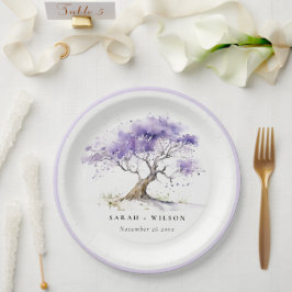 Prato De Papel Casamento de Árvore Lilac Watercolor Jacaranda