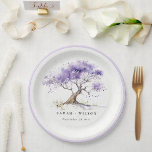 Prato De Papel Casamento de Árvore Lilac Watercolor Jacaranda