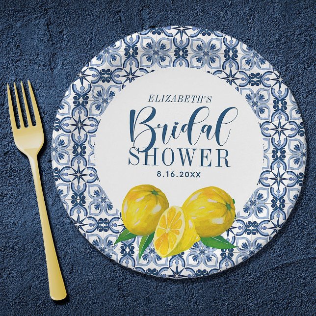 Prato De Papel Casamento De Azulejo Azul Italiano Lemon Obrigado  (An elegant lemon Mediterranean bridal shower paper plate)