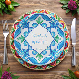 Prato De Papel Casamento de azulejos de Aqua Blue Talavera monogr