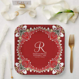 Prato De Papel Casamento de Batik Monograma da Boêmia Vermelha