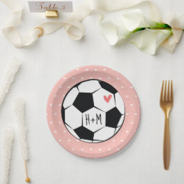 Prato De Papel Casamento de bola de futebol rosa monograma