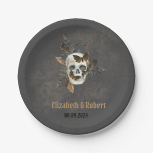 Prato De Papel Casamento de Borboletas de Crânio Plântica Gótica