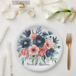 Prato De Papel Casamento de Buquê de Cor de Água Azul e Coral