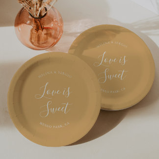 Prato De Papel Casamento de Caligrafia Minimalista Amarelo Elegan