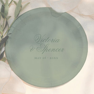 Prato De Papel Casamento de Caligrafia Vintage Verde Salvia