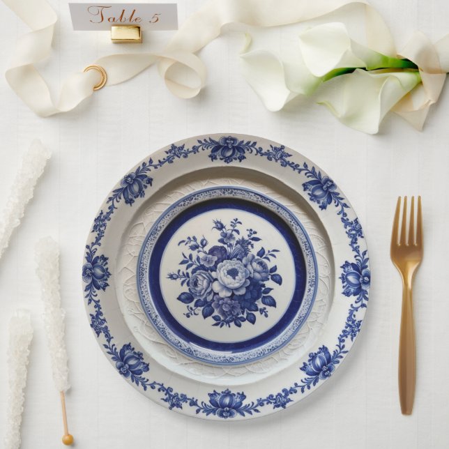Prato De Papel Casamento de cerâmica Floral de Flor Azul Elegante (Casamento)