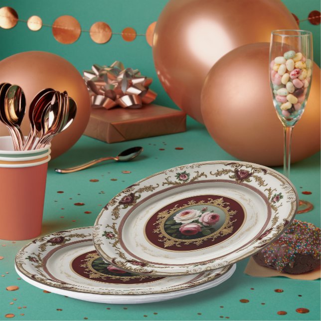 Prato De Papel Casamento de cerâmica Floral de Flor Dourada Elega (Múltiplo)