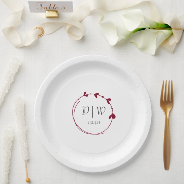 Prato De Papel Casamento de Cranberry Red Simple Heart Wreath Mon (Casamento)