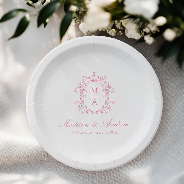 Prato De Papel Casamento de Crest de Monogramas Rosa Elegante (Criador carregado)