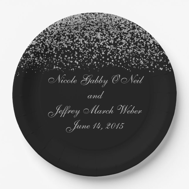 Prato De Papel Casamento de Elegante Silver Glitter Confetti (Frente)