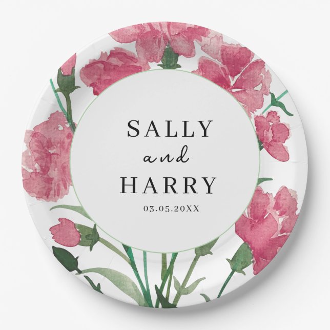 Prato De Papel Casamento De Flor Rosa Delicado (Frente)