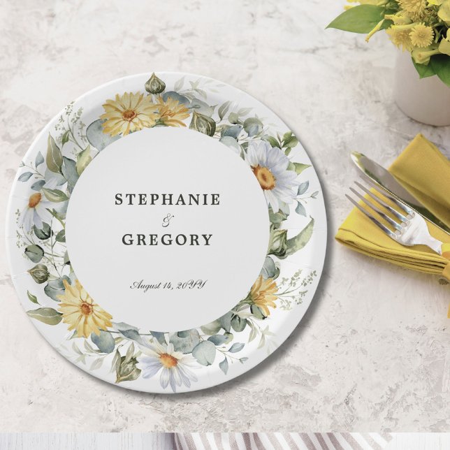 Prato De Papel Casamento de Florais Brancos Amarelos (Criador carregado)