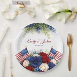 Prato De Papel Casamento de Flores e Bandeira Americana