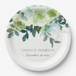 Prato De Papel Casamento De Folha Floral Verde Azul Com Aquarelas