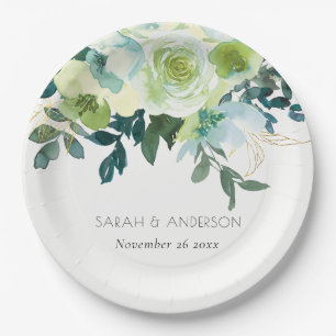 Prato De Papel Casamento De Folha Floral Verde Azul Com Aquarelas