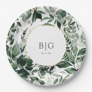 Prato De Papel Casamento de folhagem de Watercolor Botanic Greene