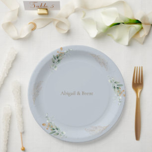 Prato De Papel Casamento de Folhagem Personalizada Dusty Blue & D