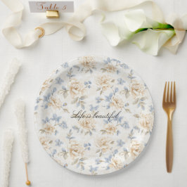 Prato De Papel Casamento de Folhas Azuis Florais Creme Romântico