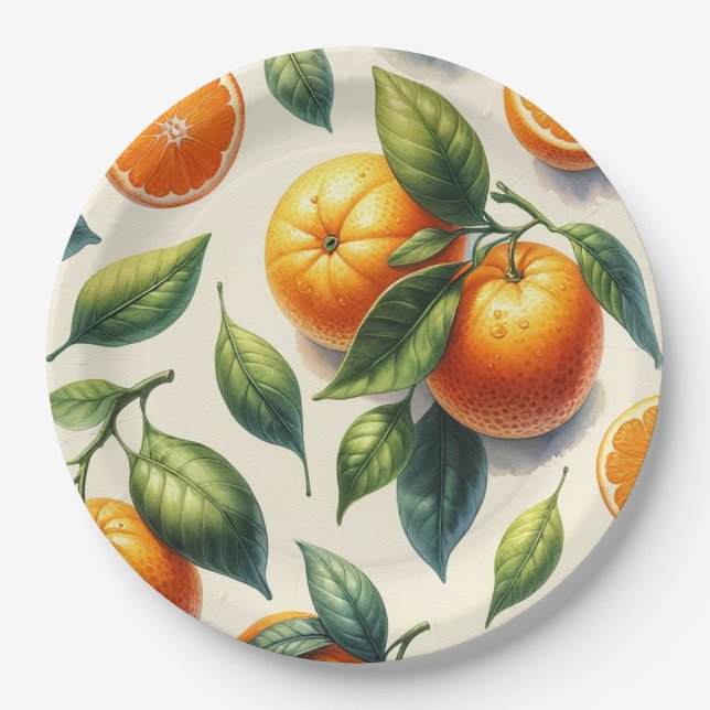 Prato De Papel Casamento de Folhas de Laranja com Aquarela (Frente)