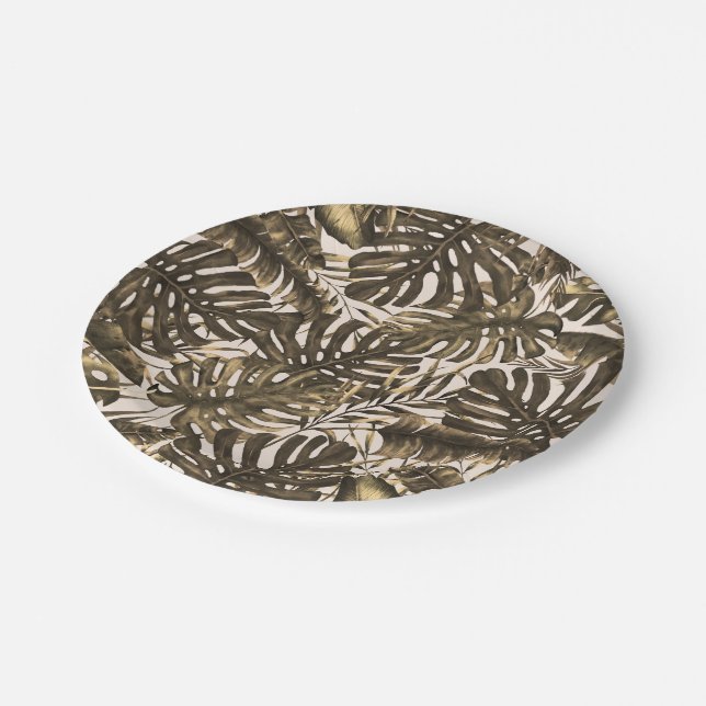 Prato De Papel Casamento de Folhas Tropicais de Olive Green & Cre (Inclinado)