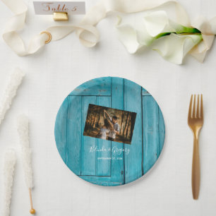 Prato De Papel Casamento De Foto De Madeira Azul Rústica