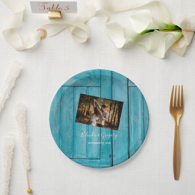 Prato De Papel Casamento De Foto De Madeira Azul Rústica (Casamento)