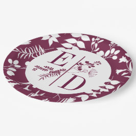 Prato De Papel Casamento de Iniciais Modernos de Borgonha
